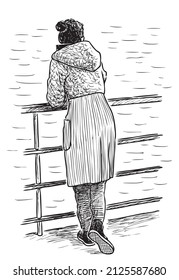 Sketch of young woman standing on river embankment and looking on water