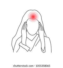 Sketch of a young woman suffering from headache holding head in her hands, isolated on white background. Vector illustration. 