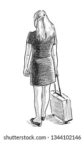 Sketch of a young woman with a suitcase