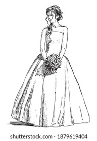 Sketch of young woman in wedding dress with bouquet