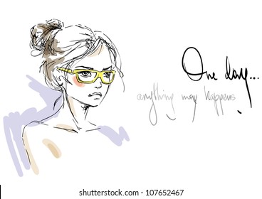 A sketch of the young woman in yellow sunglasses. Fashion illustration