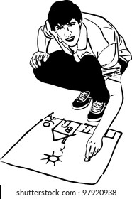 a sketch youth draws house and sun on an asphalt