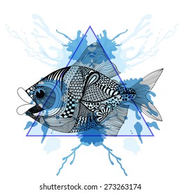 Sketch Zentangle Fish  in triangle frame with watercolor ink drop. Hand Drawn doodle vector illustration. Sketch for tattoo. Animal collection.
