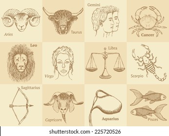 Sketch zodiac signs in vintage style, vector