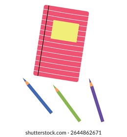 Sketchbook and colored pencils. Drawing supplies. Sketchbook and pencils. Isolated vector illustration in flat style.