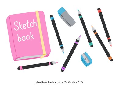 Sketchbook with colored pencils, eraser and sharpener. Traditional artistic or kids craft art supplies, creative hobby accessories, top view. Flat vector illustration isolated on white background