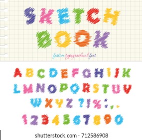 Sketchbook colorful font design. ABC scribble scratchy letters and numbers isolated on white.