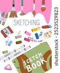 Sketchbook cover, advertising workshops, creative meetings. Art supplies, drawing, painting, sketching supplies. Flat vector illustrations