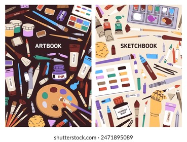 Sketchbook cover designs. Creative artbook, vertical background with paint, brush, palette, pencil. Art book, artists tools and supplies for drawing, painting, sketching. Flat vector illustrations