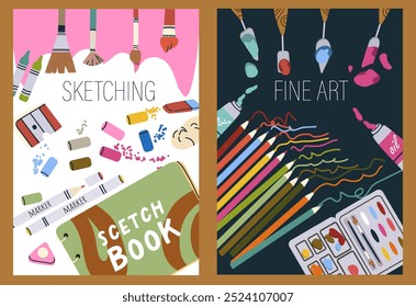 Sketchbook covers, advertising workshops, creative meetings. Art supplies, drawing, painting, sketching supplies. Flat vector illustrations