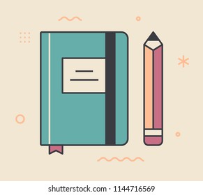 Sketchbook. Creativity or productivity concept. Unique and creative illustration. Flat design thin line style. Usage for e-mail newsletters, web banners, headers, blog posts, print and more.