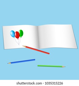 Sketchbook for drawing and color pencils vector illustration blue background