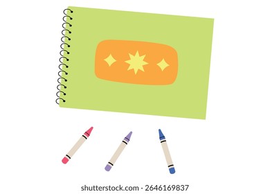 Sketchbook, drawing pad. Notebook with wax crayons, pastels. Art supplies. Creativity. Isolated vector illustration on transparent background.