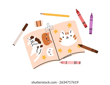 Sketchbook drawings. Crayon pencils, stationery tools for craft. Paper notebook, cute doodle cats on pages of kids journal, creative notepad. Flat vector illustration isolated on white background.