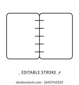 Sketchbook icon in minimal line style with editable stroke. Open spiral notebook, blank drawing book, creative element for art visuals, illustration design, note keeping and planning concept.