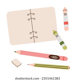Sketchbook icon, vector composition with colored pencils and notepad for drawing, school and art supplies, tools for sketching, isolated colored clipart on white background