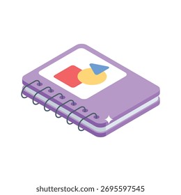Ícone isométrico de Sketchbook para notas, ilustrações e designs criativos.