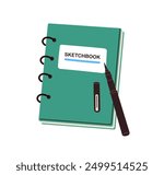 Sketchbook, notebook for sketching. Notepad and liner pen. Art supplies, drawing tools. Note book, paper pad on spirals for creative hobby. Flat vector illustration isolated on white background
