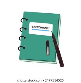 Sketchbook, notebook for sketching. Notepad and liner pen. Art supplies, drawing tools. Note book, paper pad on spirals for creative hobby. Flat vector illustration isolated on white background