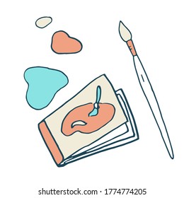 Sketchbook and paint brush sticker set on white isolated backdrop. Drawing tools for gift card, notebook, bath tile, scrapbook. Phone case or cloth print art. Doodle style stock vector illustration