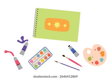 Sketchbook with paints, brushes and palette. Art supplies. Creative workshop. Coming soon to school. Vector illustration on white background.