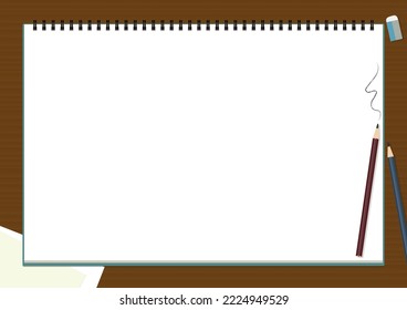 Sketchbook, pencil and eraser on the desk (dark wood grain)