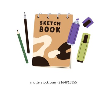 Sketchbook, pencils, markers for drawing and calligraphy art. Notebook, tools, supplies. Artists notepad, spiral sketch book. Flat vector illustration isolated on white background