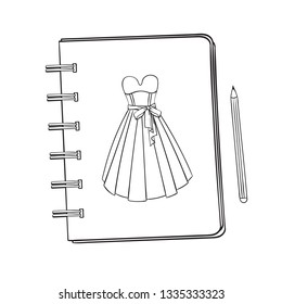 Sketchbook with a picture of a ballroom, prom, evening dress. Notebook with a picture.