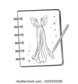 Sketchbook with a picture of a ballroom, prom, evening dress. Notebook with a picture. Pencil in the process of drawing.