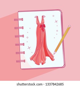 Sketchbook with a picture of a ballroom, prom, evening dress. Notebook with a picture.