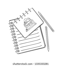 Sketchbook with a picture of a cake. Notebook with a picture. Notepad with line.