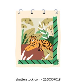Sketchbook with picture of tiger animal in nature. Spiral notebook with drawing on paper. Painting with sticky tapes in notepad, sketch book. Flat vector illustration isolated on white background