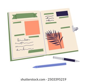 Sketchbook, scrapbook and pen. Notebook, notepad with creative stickers, bookmarks. Sketch book with pencil. Cute diary for journaling, drawing. Flat vector illustration isolated on white background