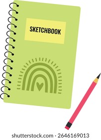 Sketchbook, sketch pad. Notepad with simple pencil with eraser. Art supplies. Creativity. Isolated vector illustration on transparent background.