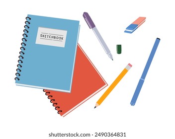 Sketchbook for sketching, pens, artistic tools. Art supplies and drawing tools isolated on white background. Note book and artistic accessories, pencil, markers, liners. Flat vector illustration