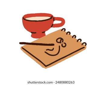 Sketchbook and tea cup. Creative drawing in paper notebook, note pad. Notepad, pencil and teacup. Hand-drawn sketch in artbook album, coffee. Flat vector illustration isolated on white background