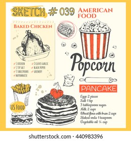 Sketchbook with traditional US food. Main course and snacks. Vector illustration of ethnic cooking: burger, baked chicken, french fries, popcorn, pancake.