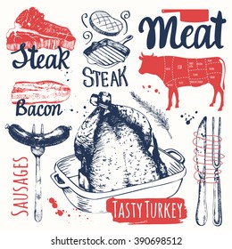 Sketchbook with various of meats. Vector illustration with with different kinds of raw beef steaks and bacon. Fresh organic products.