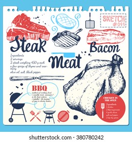 Sketchbook with vector illustration of different kinds of meat. Set of raw beef steaks and bacon. Fresh organic products.