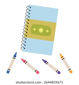 Sketchbook and wax crayons. Drawing supplies. Sketchbook and pastel top view. Isolated vector illustration in flat style.