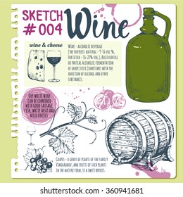 Sketchbook with winemaking products in sketch style. Vector illustration with glass, wine barrel, old bottle, cheese, walnuts, olives. Classical alcoholic drink.