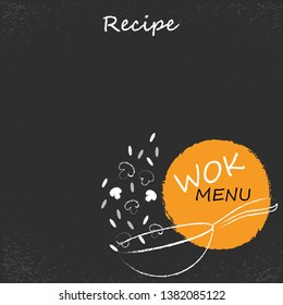 Sketchbook with wok asian spicy products. Sketch set with pan, chinese food, pepper and recipe. Funny labels fastfood symbols. - Vector 