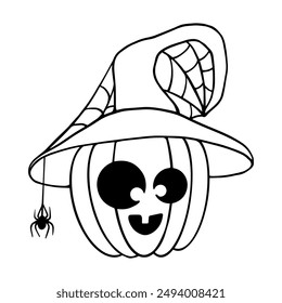 Sketch,doodle of a funny pumpkin character in a witch's hat and with a spider in its web.Vector graphics.