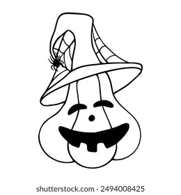 Sketch,doodle of a funny pumpkin character in a witch's hat and with a spider in its web.Vector graphics.