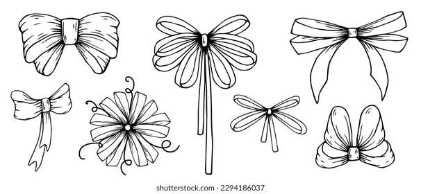 Sketch,doodle of various holiday bows.Vector graphics.