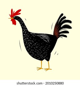 Sketch,drawing chicken Black and white icon character vector illustration. Rooster,hen engraving and line arts isolated on yellow pale background.