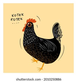 Sketch,drawing chicken Black and white icon character vector illustration. Rooster,hen engraving and line arts isolated on yellow pale background.