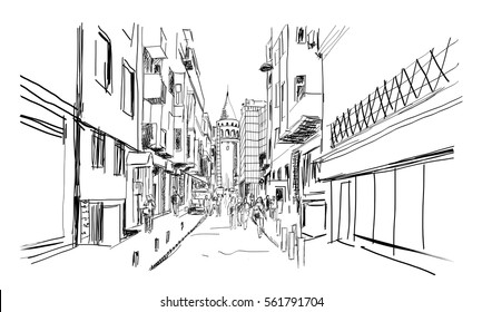 Sketche of Galata Tower, Istanbul, Turkey, vintage engraved illustration, hand drawn with street.