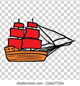 sketche of ship with RED sails on a transparent background.