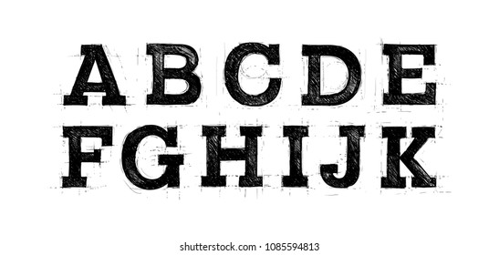 Sketched ABC set. Font pencil vintage hand drawn alphabet drawing in black color isolated on white background.  